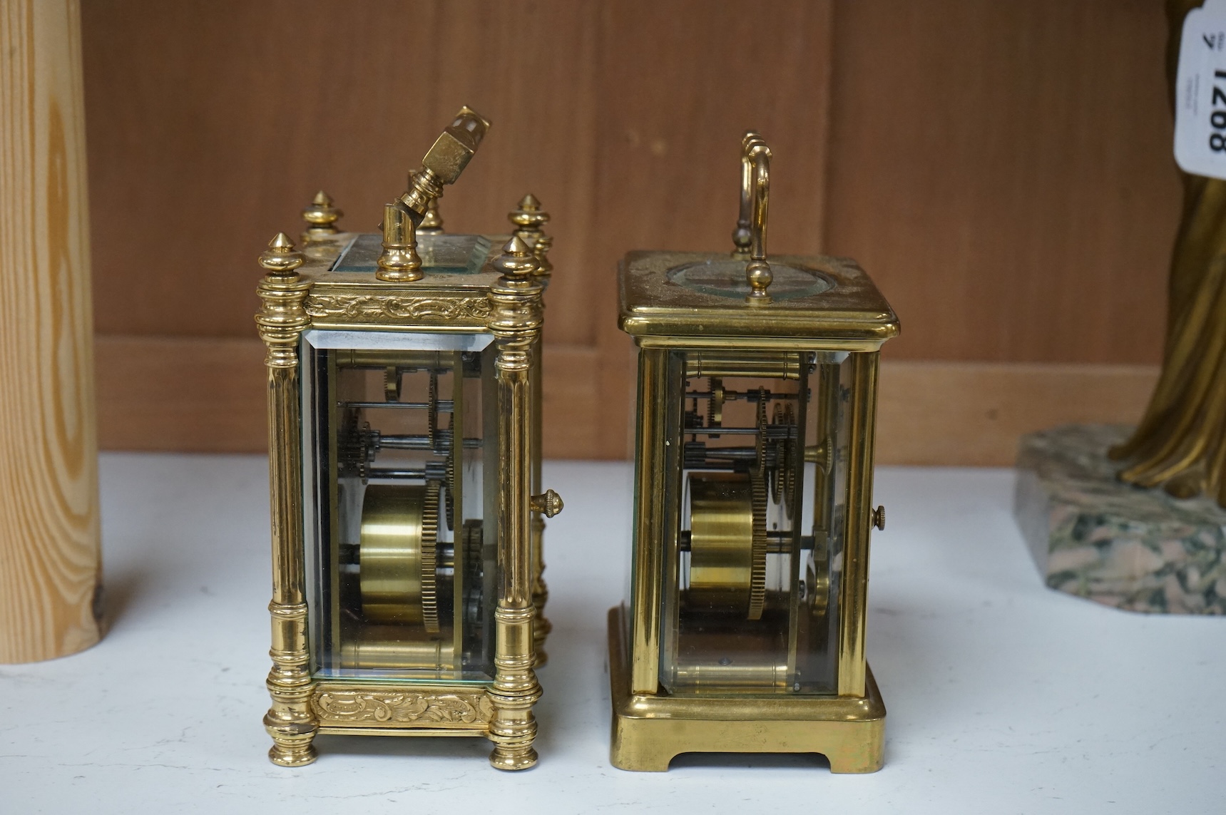 Two French brass carriage clocks, timepiece movements, tallest 12cm